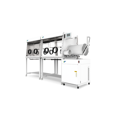 TSGB2400-4SS Boîte à gants double face avec ≤1 ppm o₂ / h₂o, acier inoxydable, contrôle tactile PLC, analyseurs d'oxygène et eau, 2,2 m³ch.